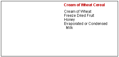 Text Box: Cream of Wheat CerealCream of WheatFreeze Dried FruitHoneyEvaporated or Condensed Milk