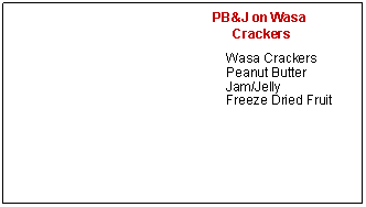 Text Box:          PB&J on Wasa       	  CrackersWasa CrackersPeanut ButterJam/JellyFreeze Dried Fruit
