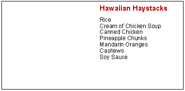 Text Box: Hawaiian HaystacksRiceCream of Chicken SoupCanned ChickenPineapple ChunksMandarin OrangesCashewsSoy Sauce