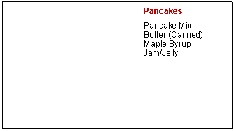 Text Box: PancakesPancake MixButter (Canned)Maple SyrupJam/Jelly	